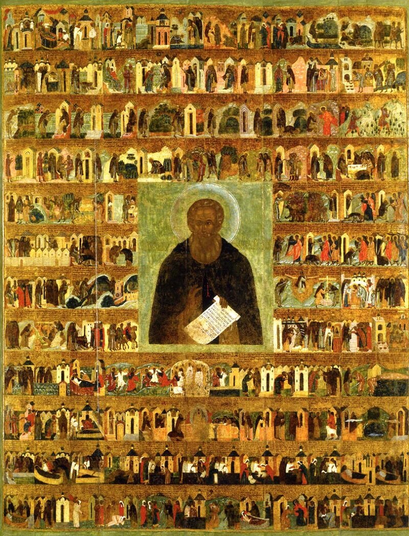 Преподобный Александр Свирский с житием. Икона. Москва, 1547-1555 гг. Успенский собор Московского Кремля