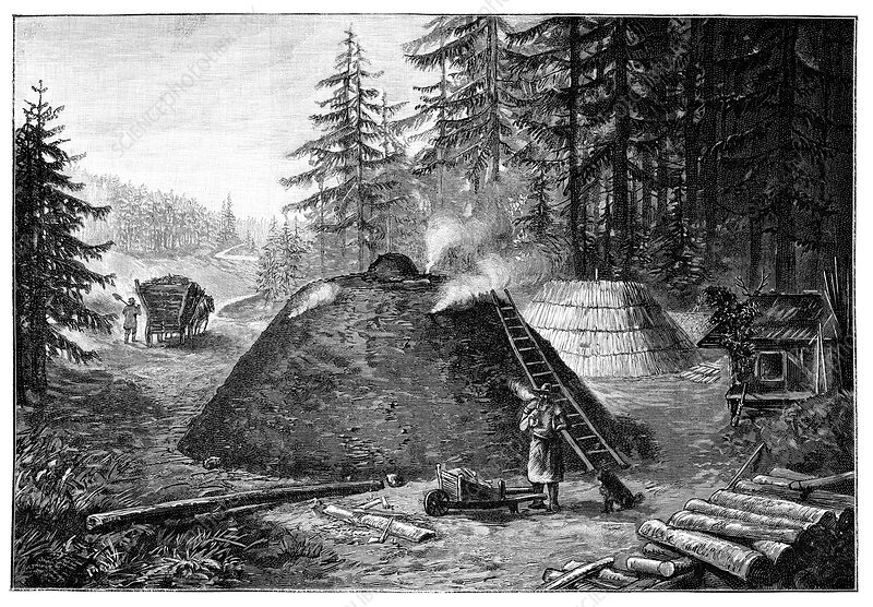 Добыча древесного угля в XIX веке. Рисунок из французского журнала "La Science iIlustrée"