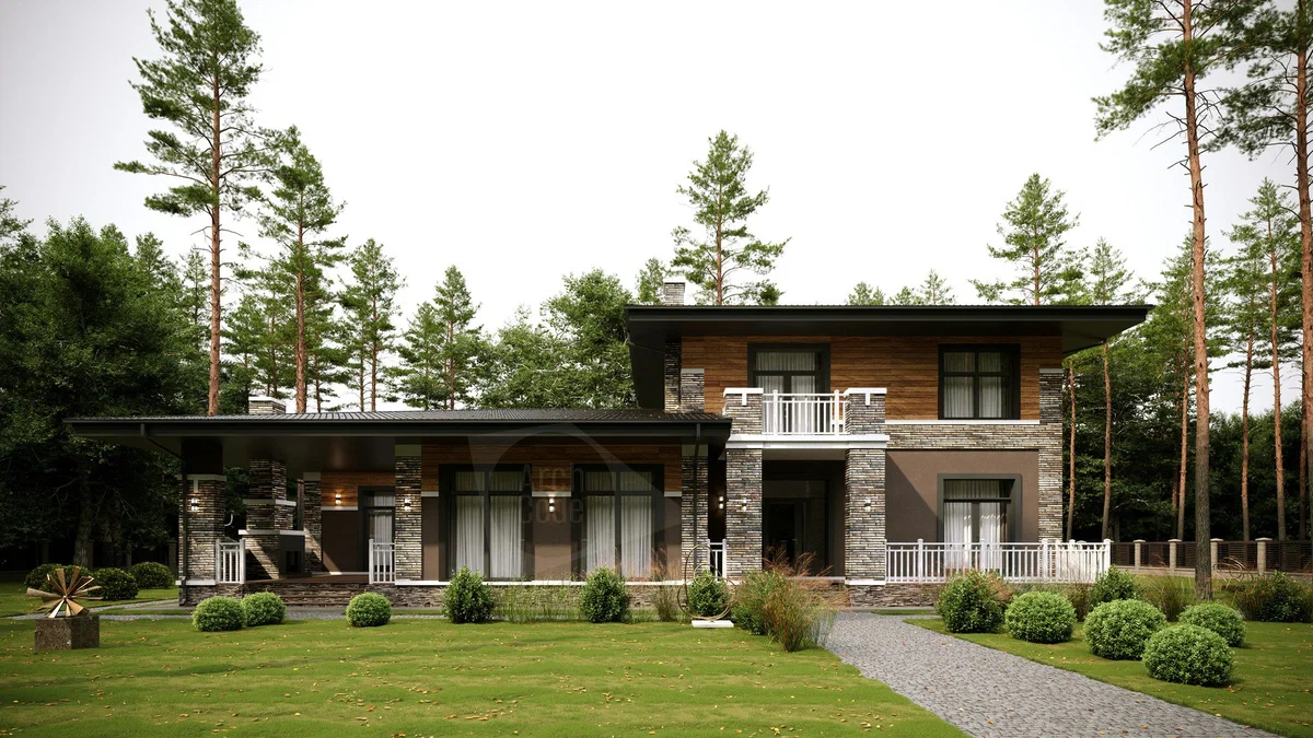 Главный фасад дома. Источник изображения: Дзен-канал "ArchCode | Проектирование домов"