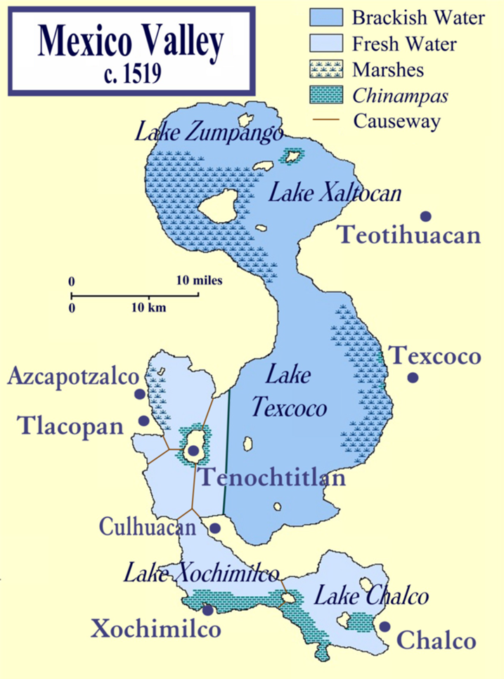 Озерная система в долине Мехико во времена испанского завоевания, показывающая распределение чинампас (Источник изображения: https://www.thearchaeologist.org)