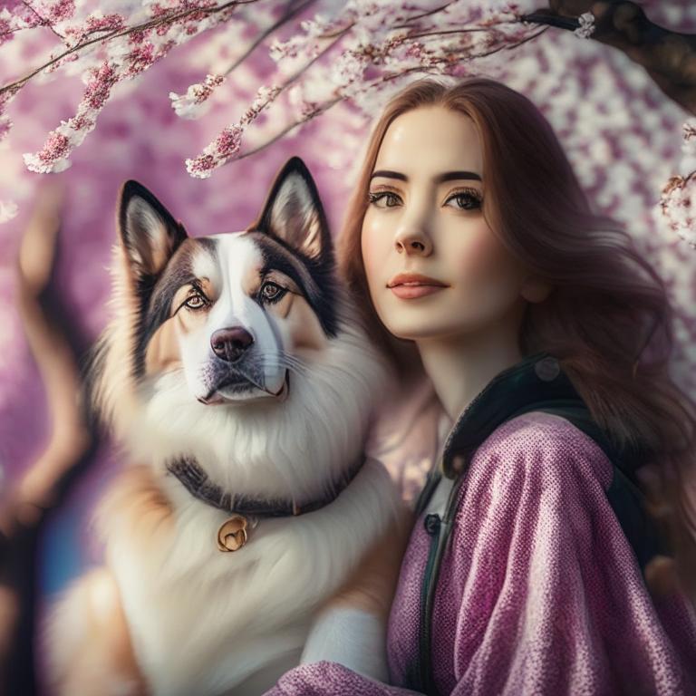 Собака со своей хозяйкой. Изображение, созданное при помощи нейросети Kandinsky 2.1. 