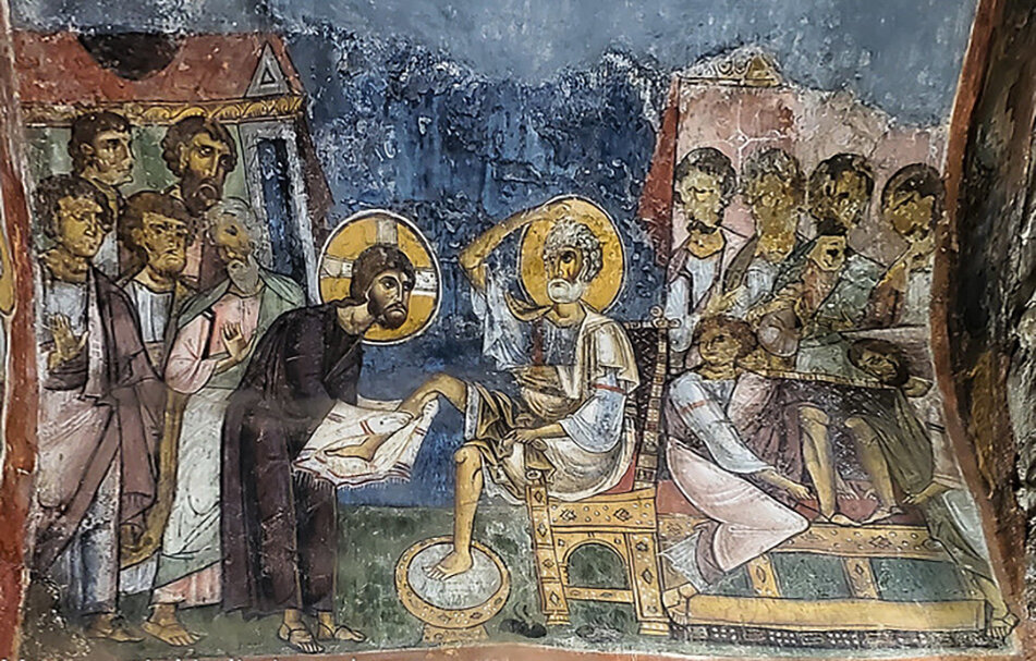 Великий Четверг. Умовение ног апостолов. Роспись церкви Панагии Асину в Никитари, Кипр. 1105 г.