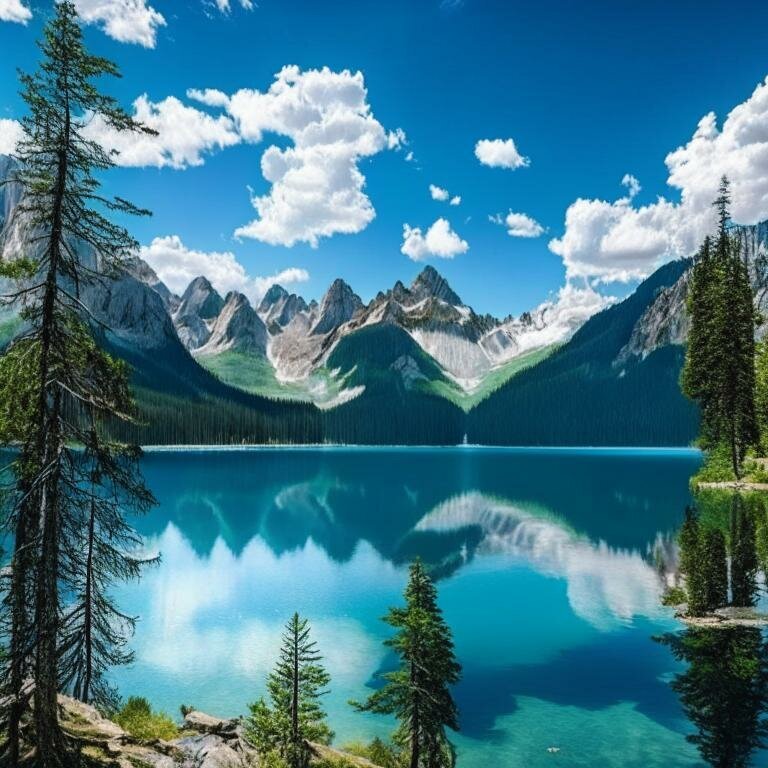 Модель Kandinsky 2.1 нарисовала: A photo of a scenic view of a lake surrounded by mountains and trees. The lake reflects the blue sky and the white clouds.