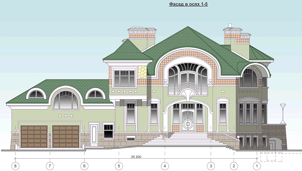 Проект двухэтажного дома 786 м2 в стиле барокко с цокольным этажом, сауной и двухместным гаражом - PA-14
