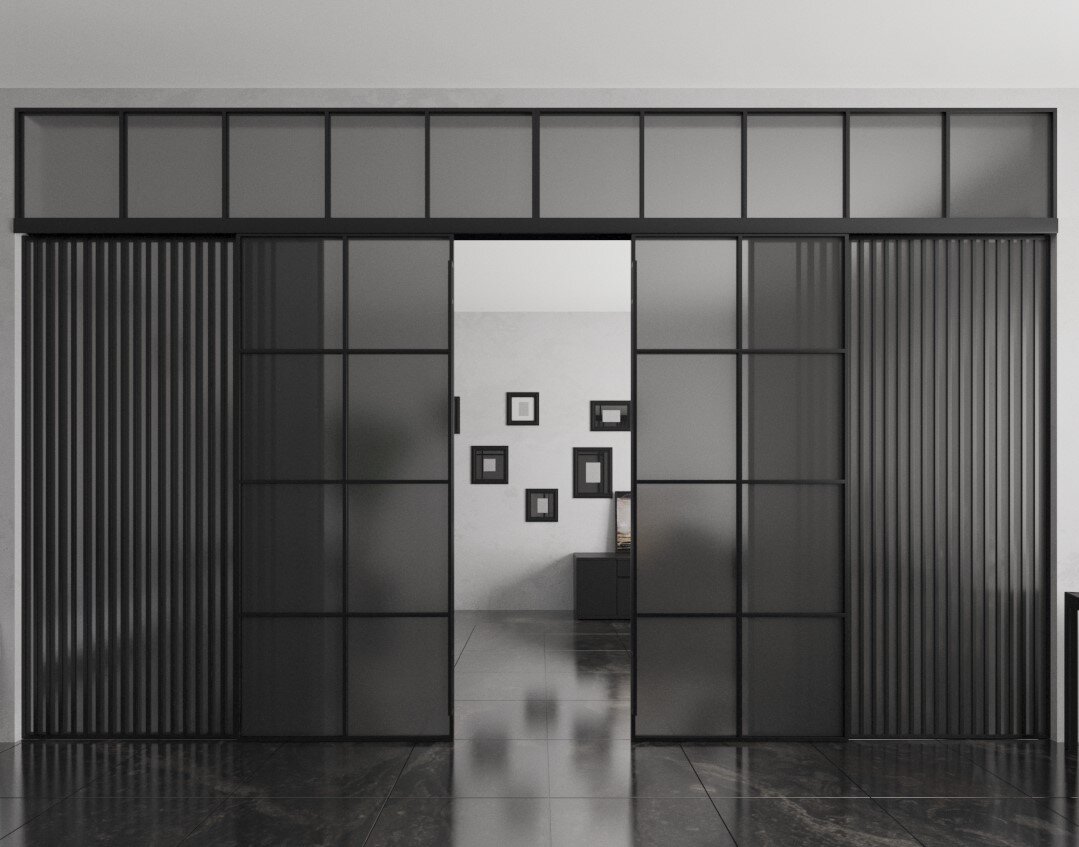 Перегородка Divisorio by Portalle. Стекло "графит", откатной тип открывания, статичные фрамуги. 