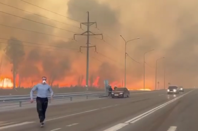    Из-за огня в районе поселка Богандинский перекрыли трассу Фото: скриншот из видео "ЧС Тюмень" 