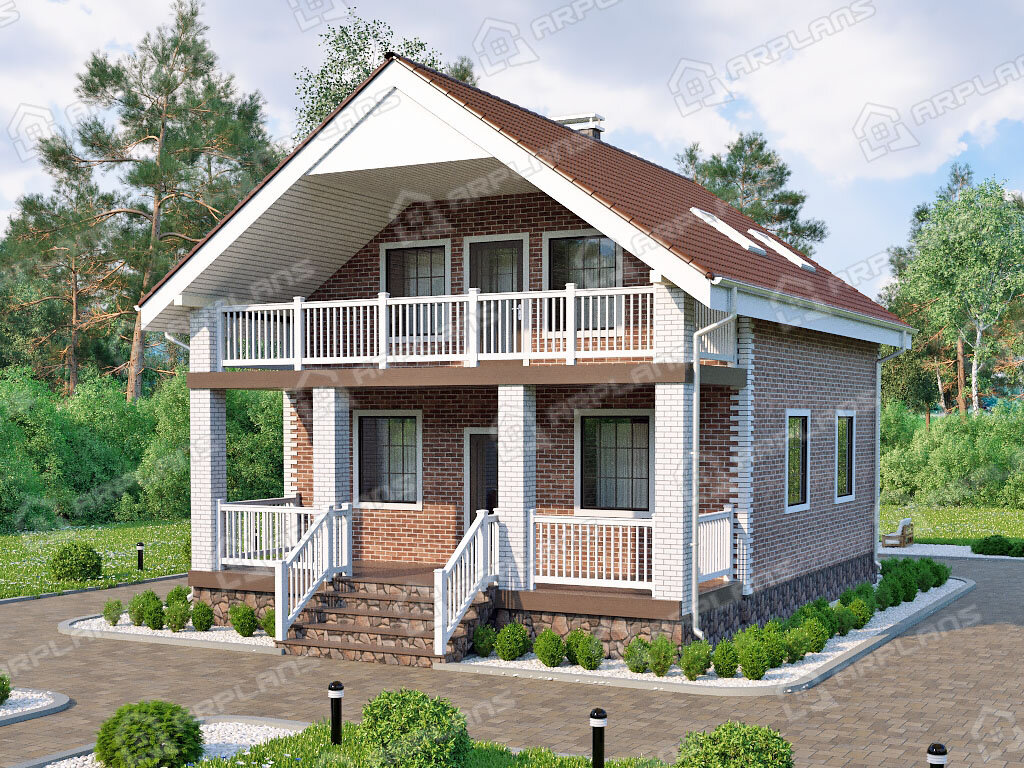 Фото 2 двухэтажного дома из кирпича с мансардой, 2 спальнями, балконом и террасой. Общая площадь до 150 (129) кв м . Источник arplans.ru Проект К-012