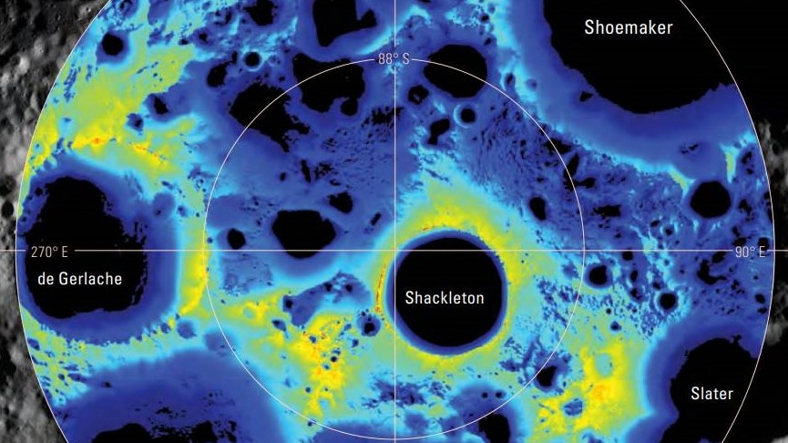 Карта освещенности южной полярной области Луны. Области черного цвета не получают солнечного света, а области более теплых цветов освещаются большую часть времени. Изображение предоставлено: базовая мозаика изображений от НАСА, Университета штата Аризона и корпорации Applied Coherent Technology.