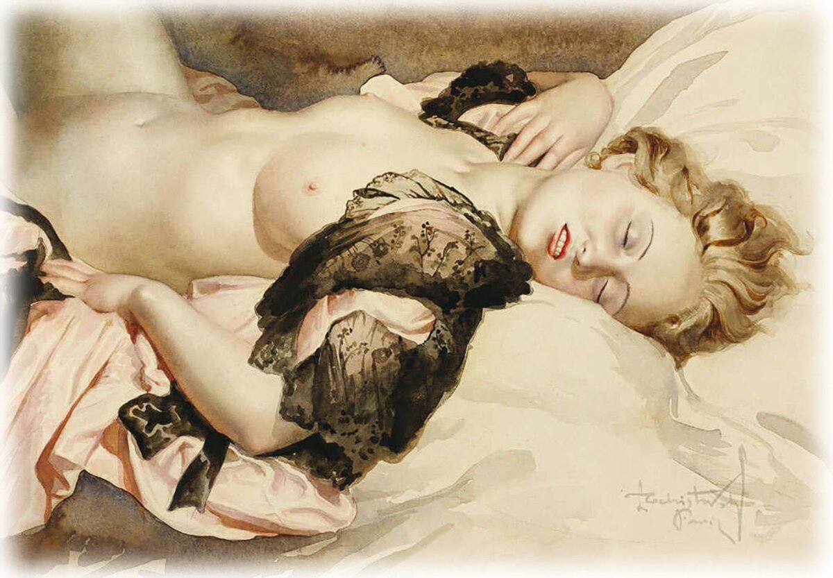 © Лев Чистовский. Молодая женщина на розовой постели. 33.5 х 48.5 см. Акварель, Бумага