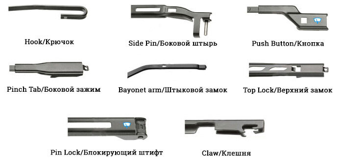 Типы креплений щеток стеклоочистителя