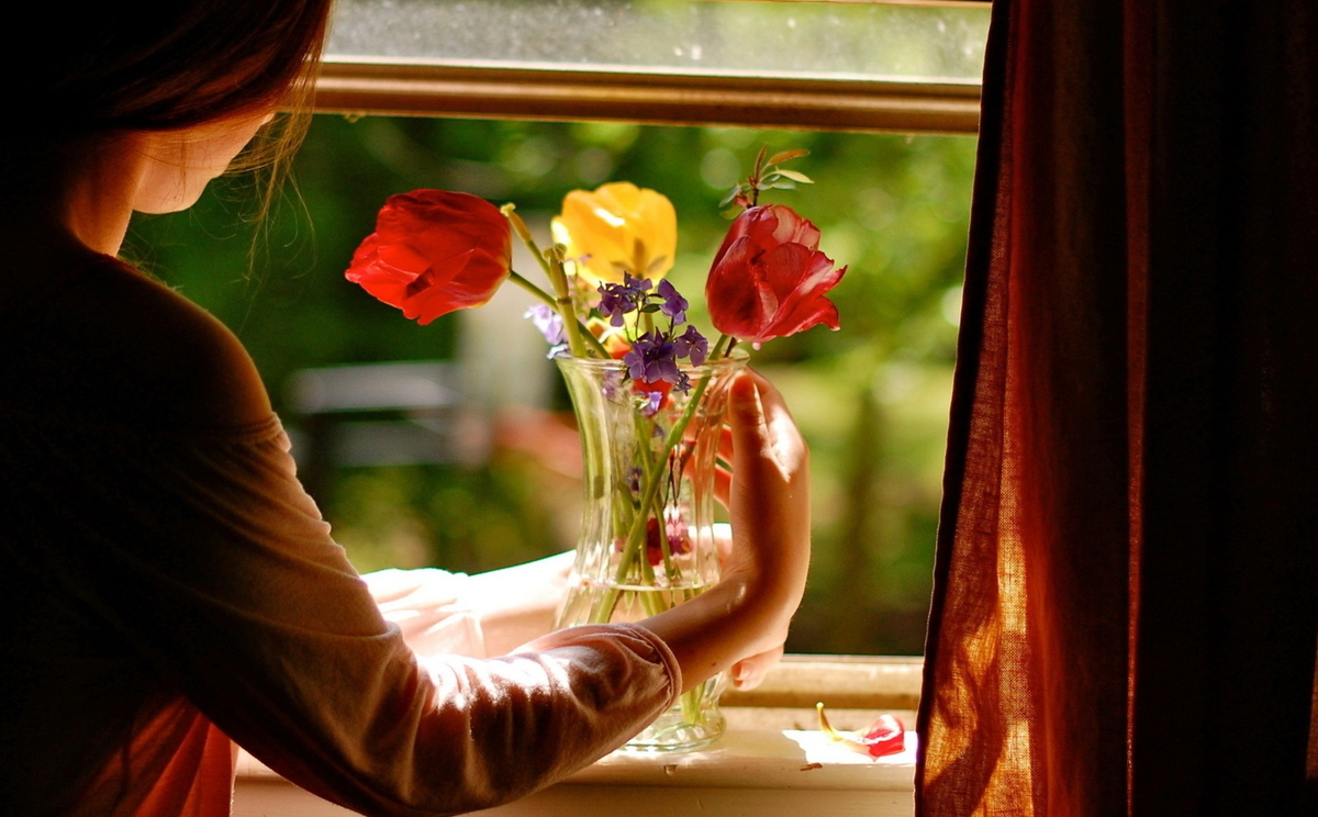 Хочу помнить хорошее. Тепло души. Приятного душа. Девушка у окна с цветами. Впусти счастье.