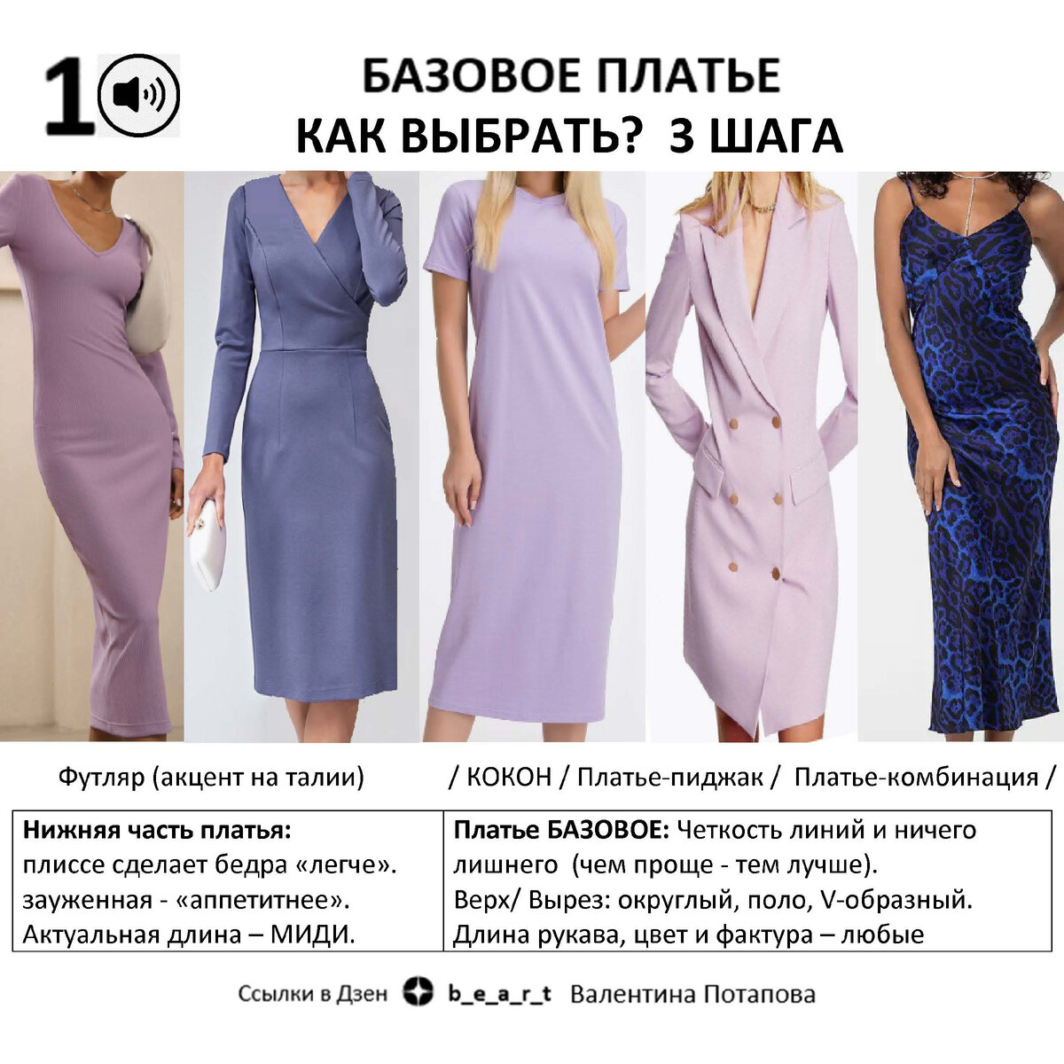 Платье БАЗОВОЕ: Четкость линий и ничего лишнего (чем проще - тем лучше). 
Верх/ Вырез: округлый, поло, V-образный. Длина рукава, цвет и фактура – любые