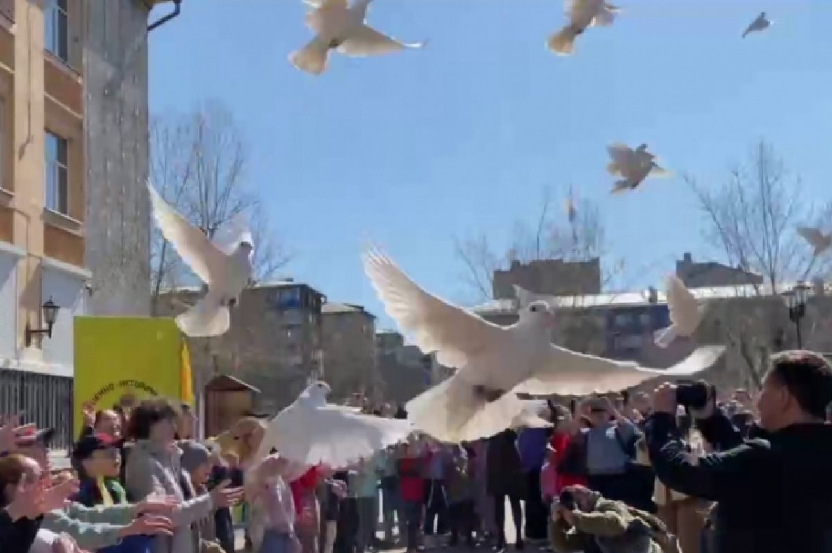    78 белых голубей запустили в небо с площади Декабристов в Чите