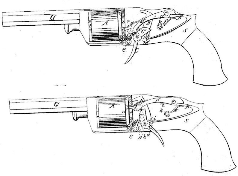 Схема револьвера Петенгела (рисунок из патента от 1856 года).