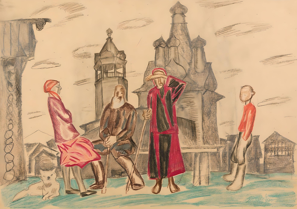 Попков Виктор (1932-1974), В СЕЛЕ. КРЕСТЬЯНЕ НА ФОНЕ ХРАМА. ЭСКИЗ К КАРТИНЕ «ОЖИДАНИЕ» (1972), 1969, 28,8 x 40,4 см, бумага, графитный карандаш, цветные карандаши
Поступило из Всесоюзного художественно-производственного комбината имени Е.В. Вучетича. 1989