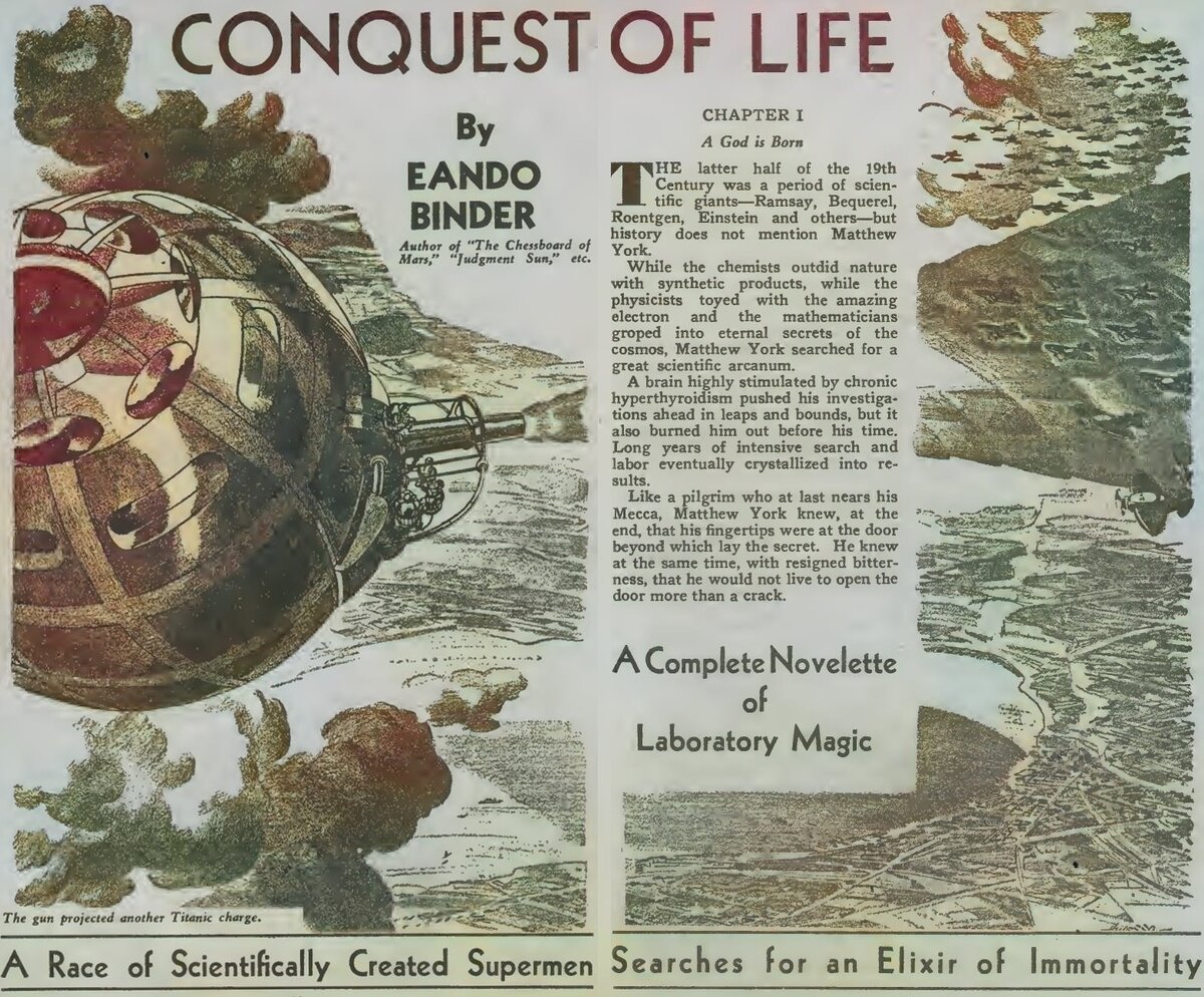 Иллюстрация повести "Покорение бессмертия" в "Thrilling Wonder Stories",  август 1937