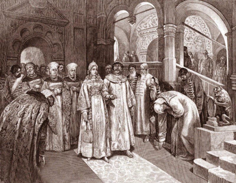      Василий III, великий князь Московский, вводит во дворец невесту свою, Елену Глинскую. Картина русского художника Клавдия Лебедева, 1916 год