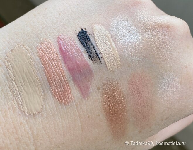 Свотчи: enough collagen, SN cheek color, SN lip gloss, SN eyelashes, SHU консилер, Dior Backstage, SHU true delight.