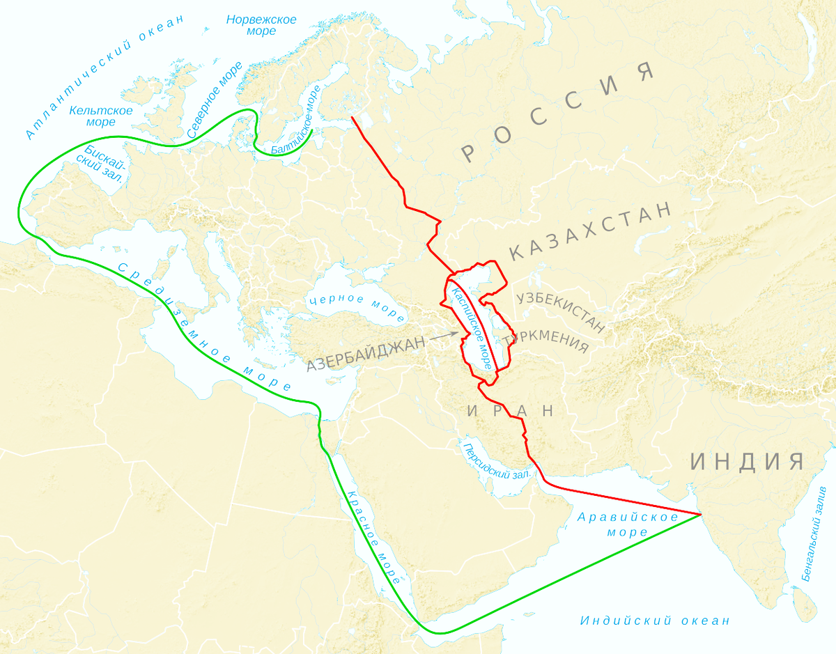 Международный транспортный коридор «Север — Юг» красная линия - предлагаемый маршрут коридора, зеленая стандартный маршрут. (Wikipedia.ru)