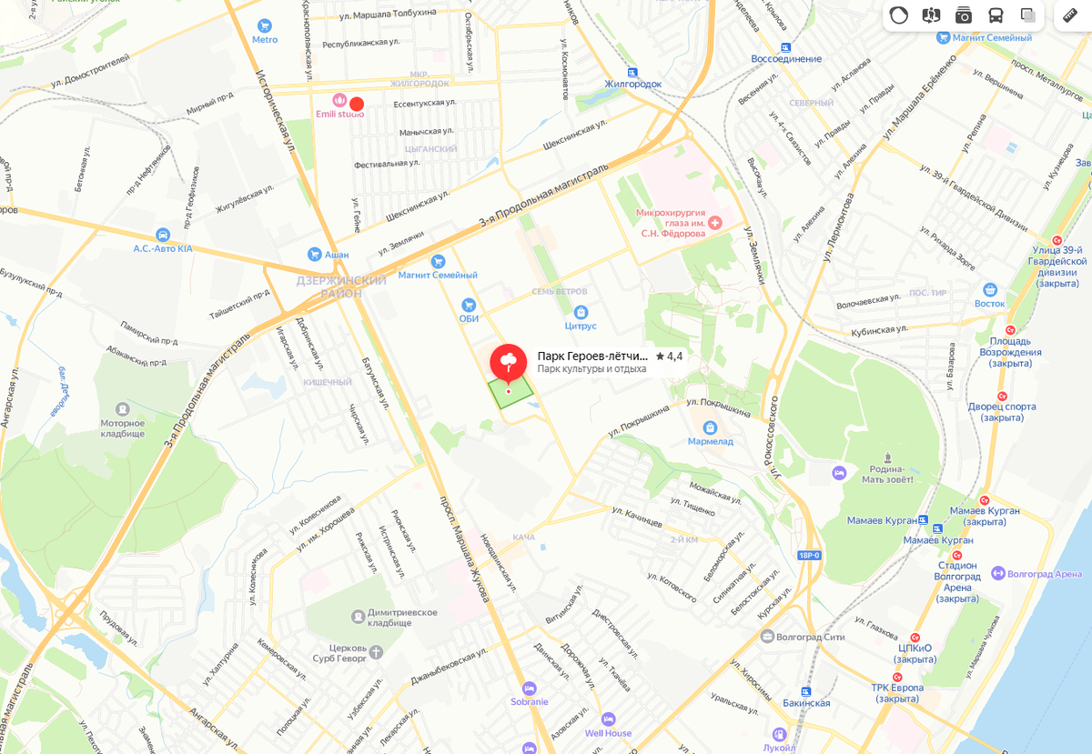 Скриншот местонахождения парка Летчиков с Яндекс.карт