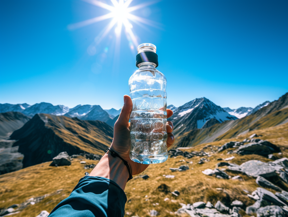 Бутылка чистой воды на фоне гор