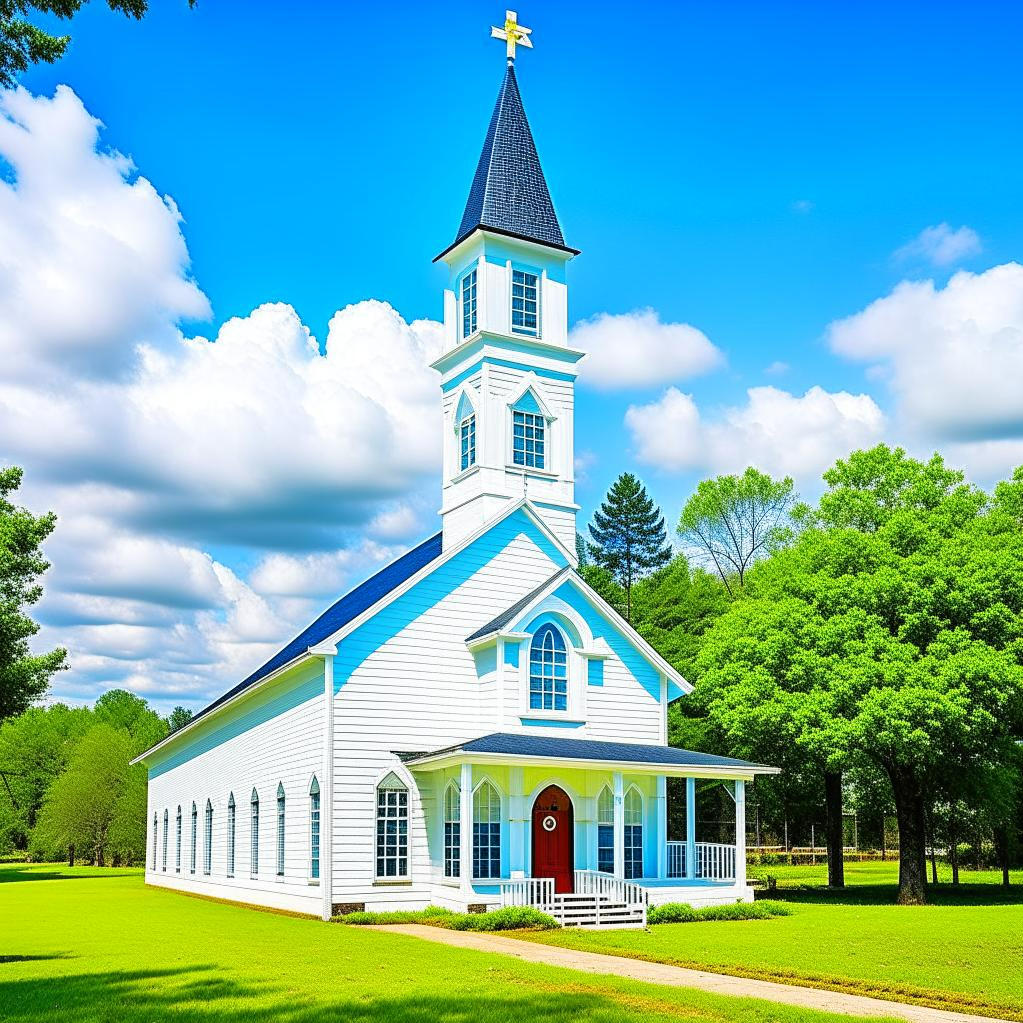 К сожалению, мне не удалось найти в интернете фотографий церкви Old Forest Road Baptist Church - видимо, за 30 лет поменялись топонимические названия, а может, и сама община сменила название. Спасибо нейросети Kandinsky, которая помогла мне визуализировать характерные для баптистских церквей южных штатов признаки: простой внешний вид, белый цвет. Вот только с колокольней нейросеть переборщила - у баптистов нет традиции звонить в колокола, поэтому стелла при входе чаще всего носит исключительно декоративный характер и обычно намного ниже привычных нам колоколен.
