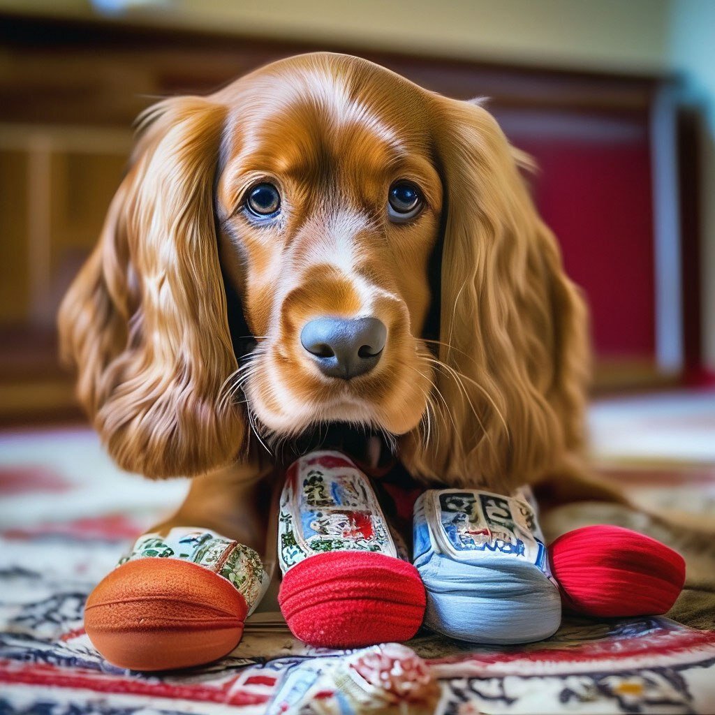 "рыжий английский кокер-спаниель играет с тапочками" (https://shedevrum.ai/post/60047795870e875)
