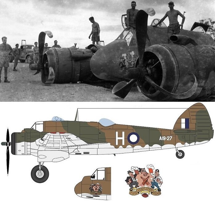 Bristol Beaufighter Mk IC 30-ой эскадрильи RAAF в интересном положении. 7-го июня 43-го года такое интересное, а главное, не редкое положение обеспечил отказ гидравлики. После аварии машина в боях больше не участвовала.  Хотя модификация Mk IC была самой воюющей модификацией австралийских "Бьюфиков", данный экземпляр прославилась только картинкой на носу (любимым моделистами Nose Art).  