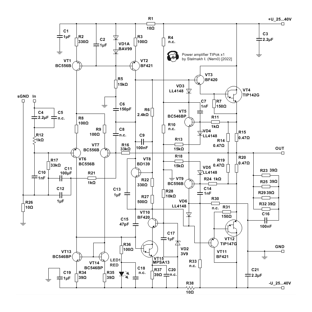 Принципиальная электрическая схема усилителя мощности TIPok x1