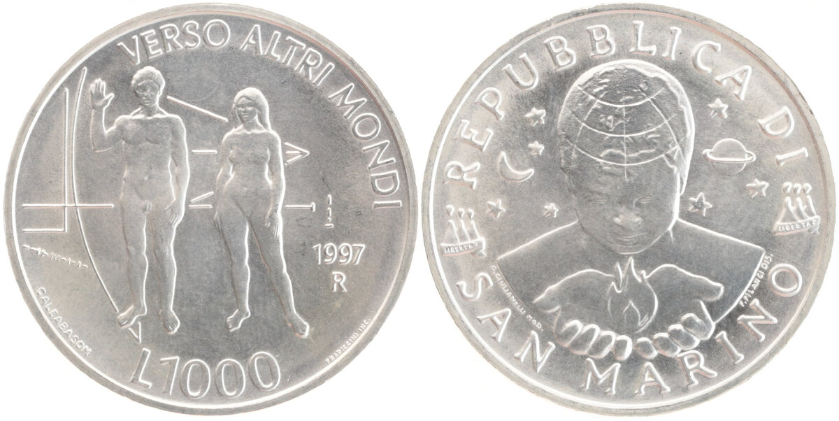 Сан-Марино - 1000 лир 1997 года выпуска, изготовленные из серебряного сплава 835 пробы (масса монеты: 14,6 граммов, тираж: 28000 экземпляров). Посвящена монета 25-летнему юбилею запуска автоматической межпланетной станции "Пионер-10"