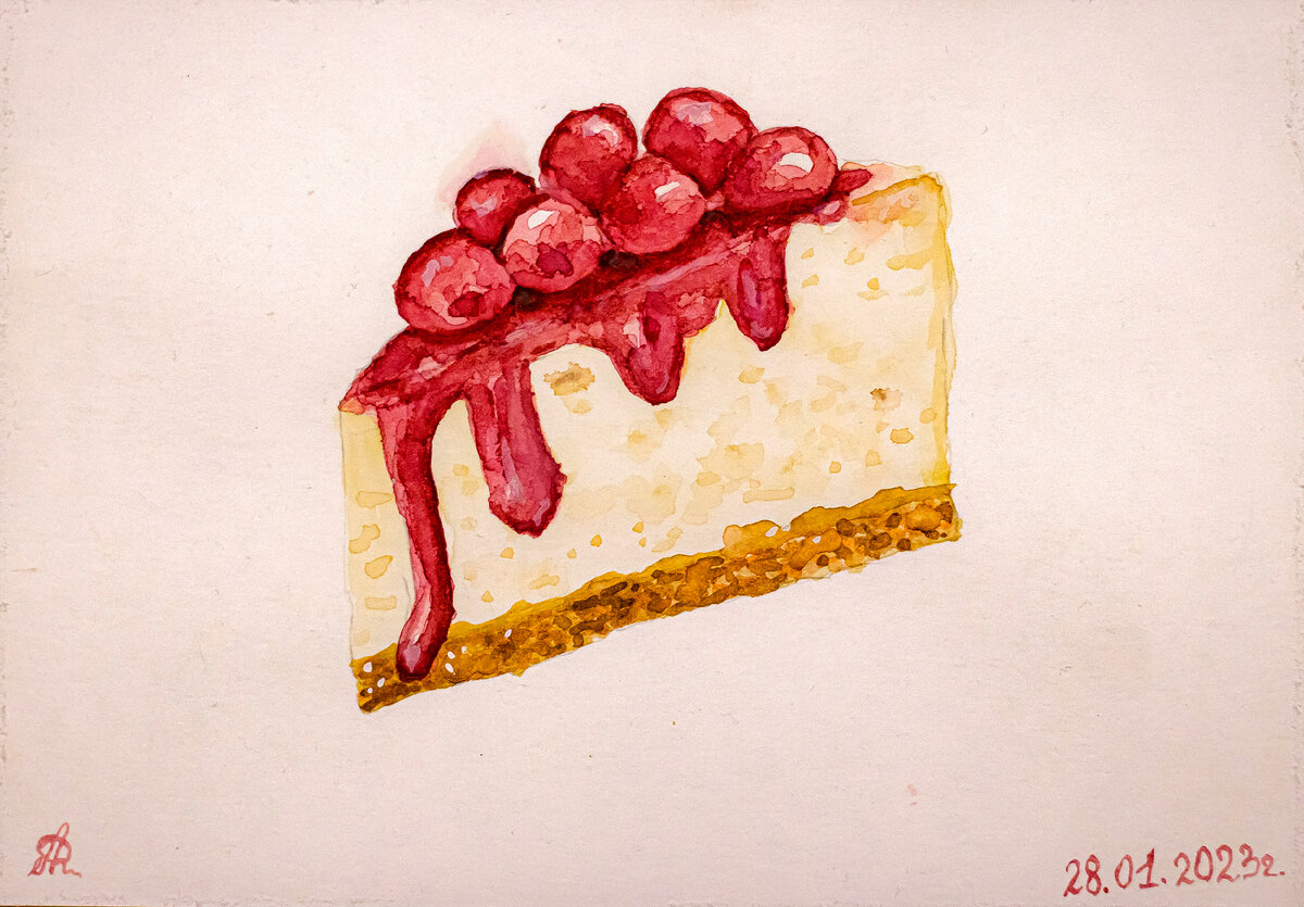 Акварельный арт "Чизкейк с вишнёвым джемом". 🍒🍰 
Дата создания: 28.01.2023 года.
Время: ~4-5 часов.
Автор: Анастасия Белякова