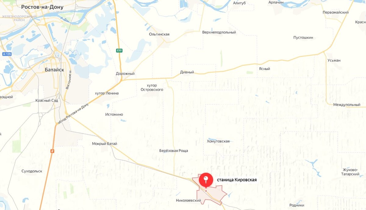 Современная карта с обозначением Кировской (Злодейской), и Николаевского (Яндекс.Карты)