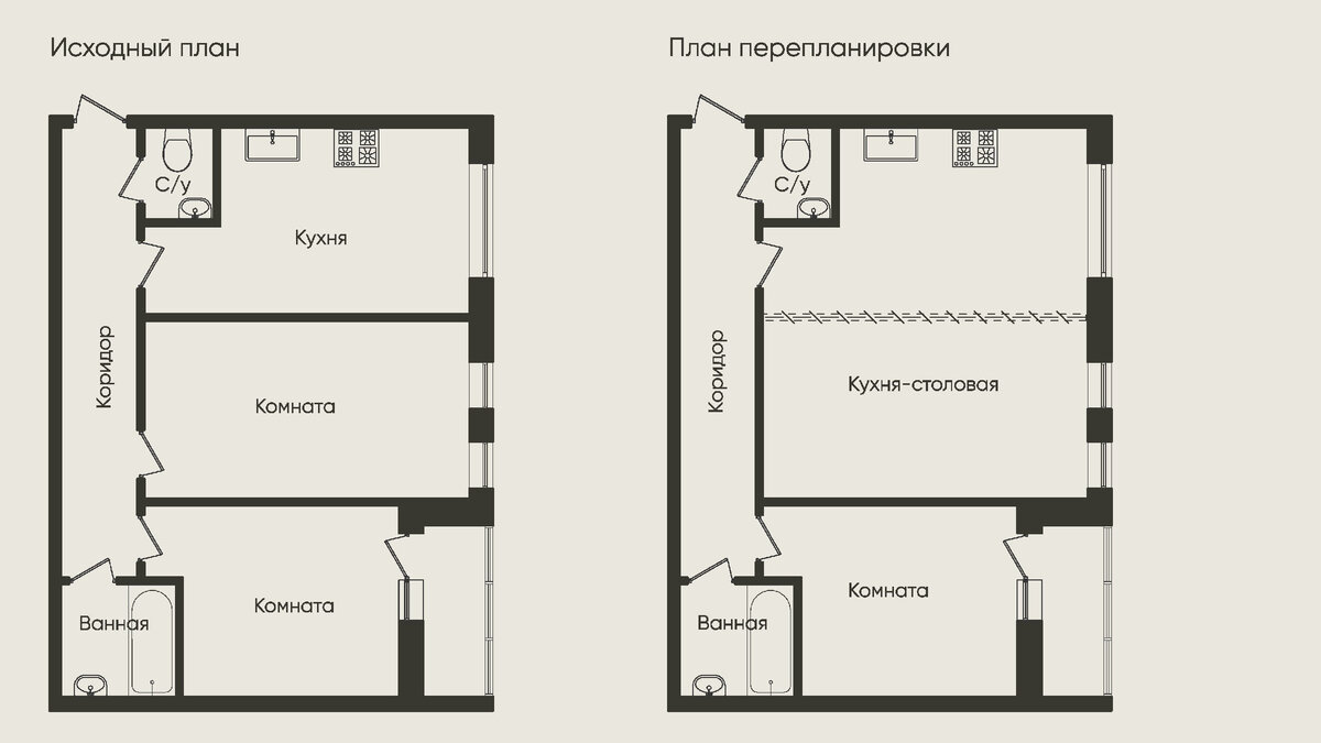 Кухня-столовая путём объединения кухни и комнаты