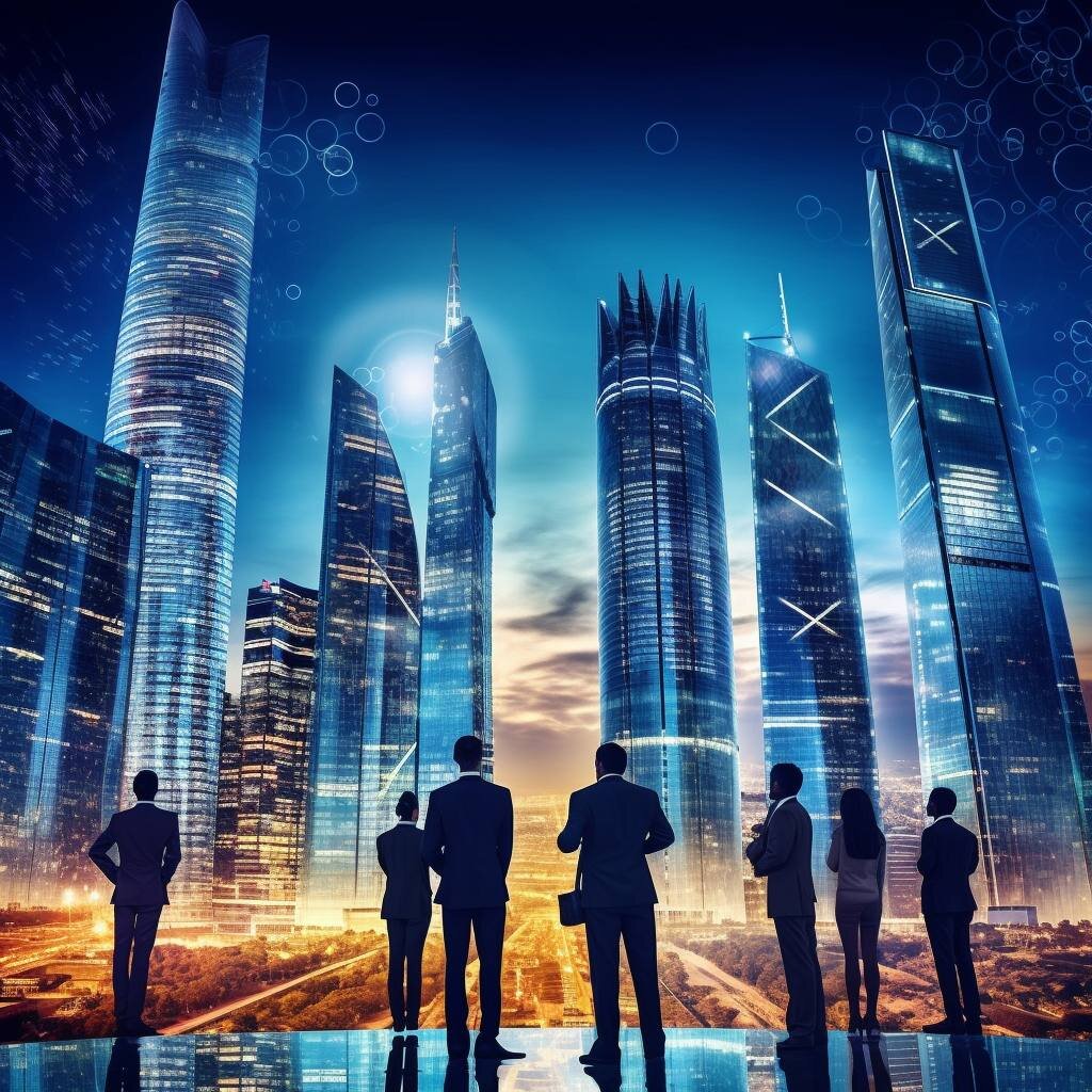  Изображение описывает будущий городской пейзаж с высотными зданиями и зданиями высоких технологий. На переднем плане находятся несколько людей в деловой одежде, смотрящих вверх на небоскребы с чувством удивления и восхищения. Изображение подразумевает, что бизнес-мир быстро развивается и становится все более сложным, появляются новые технологии и тренды.