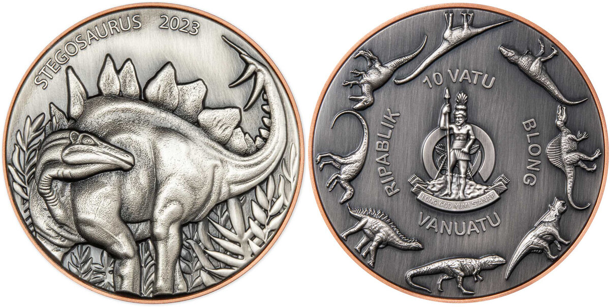 Stegosaurus 10 Vatu 2023 Vanuatu, фото с сайта agaunews.com