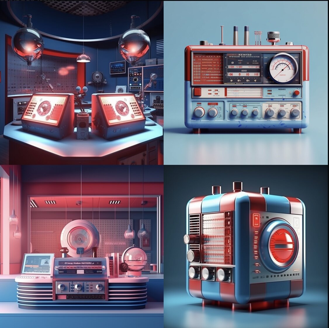 пример генерации в Midjourney: radio station, blue red and white, professional and modern, hyper realistic, super detailed, 8k, --v 5.1 --q 2 --style raw - @philipsalvador 
