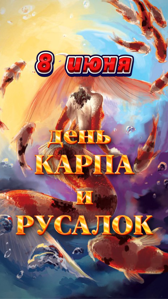 
8 июня  проходит народный праздник Карп Карполов 

и церковный день памяти апостолов от семидесяти Карпа и Алфея. 

День, когда нельзя злить русалок:)
Причем, только женщинам. 

8 июня не рекомендуется девушкам, женщинам и девочкам подходить к водоемам в нарядном, красивом виде, с распущенными волосами и оголенными плечами, а уж в купальниках - и подавно. Купаться - опасно для жизни и здоровья.

8 июня русалки любуются мужчинами - рыбаками. Улов карпа - гарантирован. 

Русалки ревнивы, знаете ли.

Однако, если ваш мужчина принесет к столу свежевыловленного (можно в аквариуме супермаркета) карпа, это отличная примета для укрепления семейного очага. 
Только приготовить его необходимо женщине и обязательно 8 июня.

Ночью следует забыть, что дельфин и русалка не пара, и стать для своего возлюбленного соблазнительной и манящей девой воды.

Русалки путают ваши мысли. 

Вне зависимости от пола. Не полагайтесь в этот день на интуицию. 

Воспользуйтесь  советами таролога. Карта дня - ПАЖ МЕЧЕЙ.
Планируем день, проверяем расходы, контролируем слова и мысли.

Ведьмам и магам колдовать следует только по магическим книгам и рецептам, никакого там «я так чувствую» и прочей отсебятины.

На стол:
Рыба фиш!!! Фаршированный карп! Просто, карп. В любом виде. Кушайте на здоровье и финансовое благополучие. Чистить самим! Чашуйки закопать в огороде на даче, или в цветочном горшке. Чашуйки - монетки. Денежная примета!
 
Ссориться с кем-то и требовать возврат долга - строго воспрещается. Карп - рыба прижимистая, а русалки и так: манипкально-депрессивны. 

В доме должен быть идеальный порядок, одежда на вас - чистая, вид ухоженный. 

Так вы обретете себе поддержку водной стихии на весь год.

Так же, 8 июня по восходу жители деревень знали: уродится ли сено. 
Ясный день - к сеностою, дождливый - к урожаю льна и …конопли.
- Кому актуально? 
