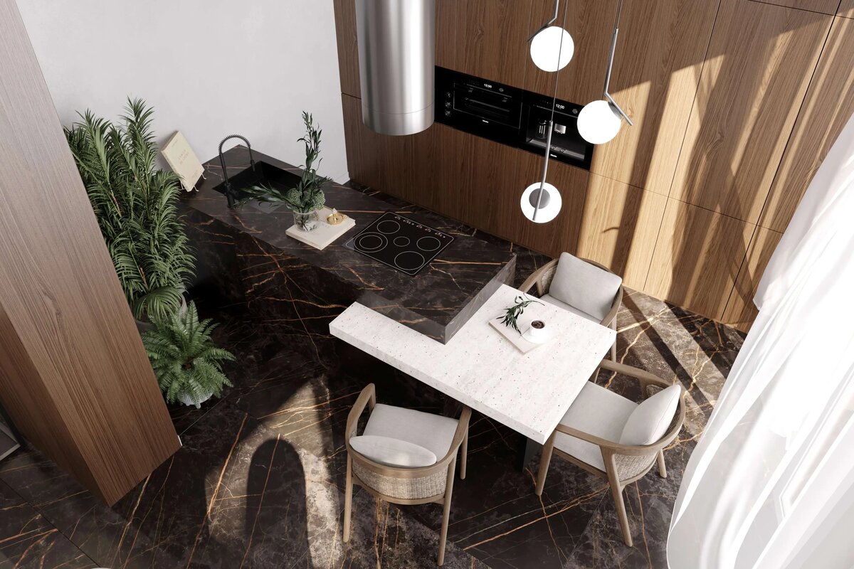 Общий вид кухни, отделанной коричневым мрамором