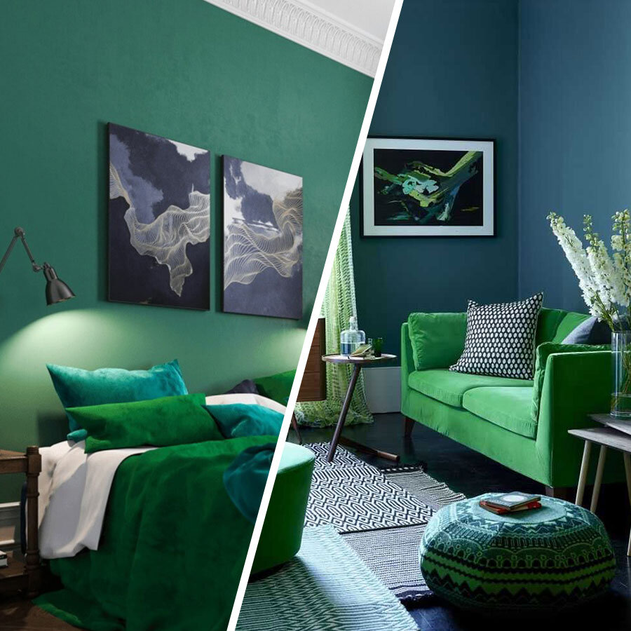 Серо-зеленый интерьер с картинами и другие миксы в зеленых оттенках