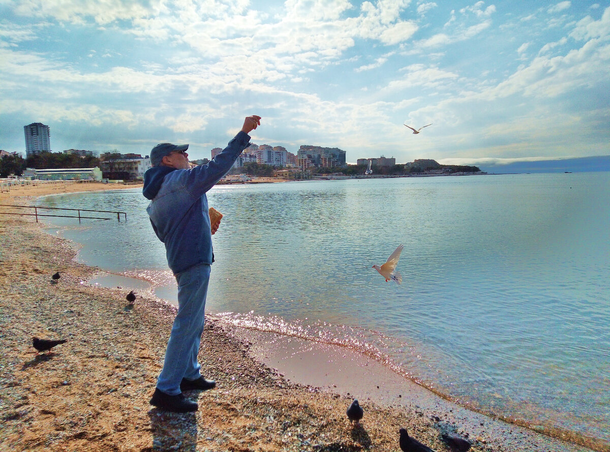 Автор рассказа и канала, Михаил Лекс, Геленджик, весна, кормление чаек