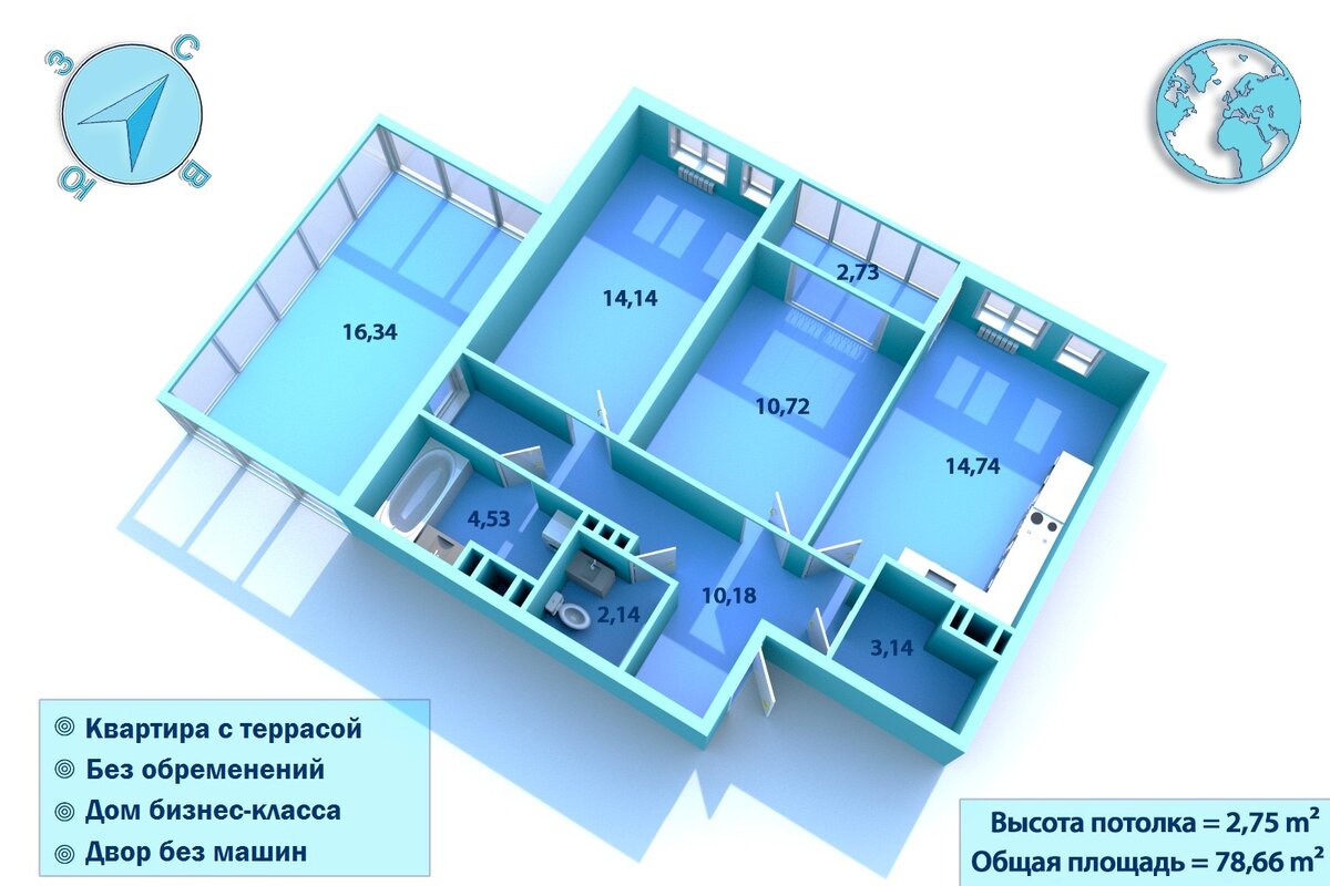 Квартира без ремонта, что является преимуществом, можно сделать ремонт полностью "под себя"!