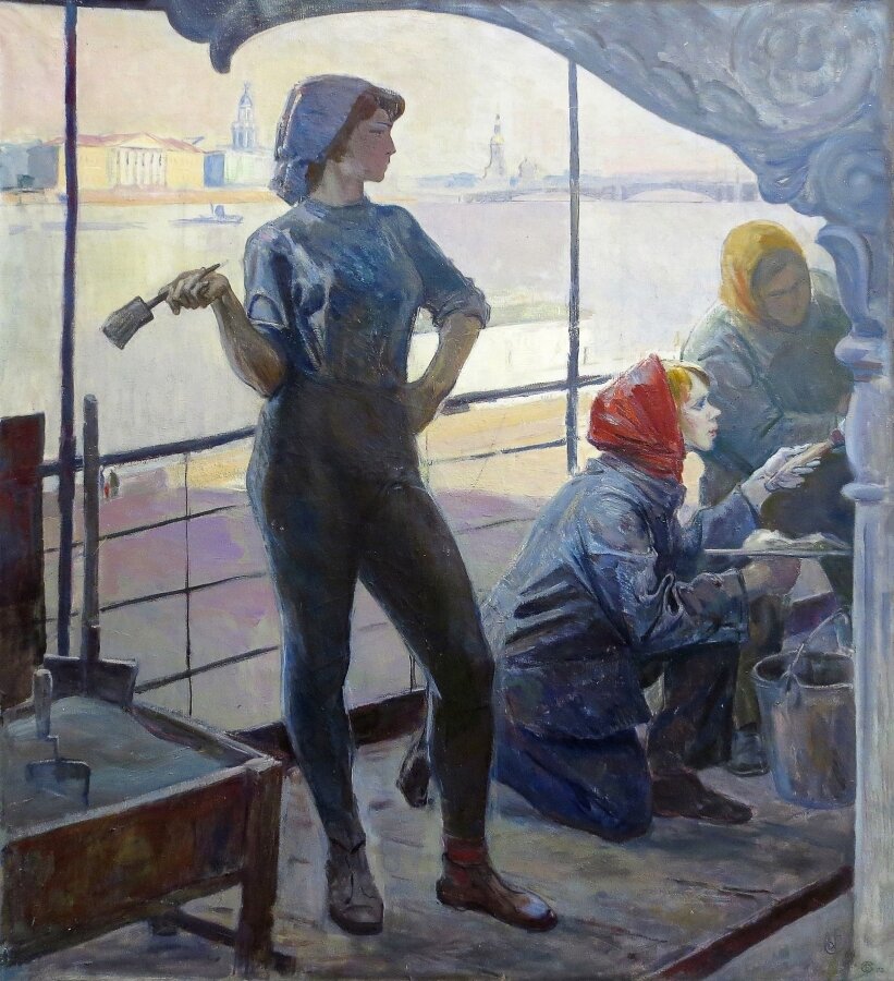 Реставраторы. Художник Семёнов Борис Александрович Холст, масло.175х125 см.              Дата создания:1968 Государственный мемориальный музей обороны и блокады Ленинграда.