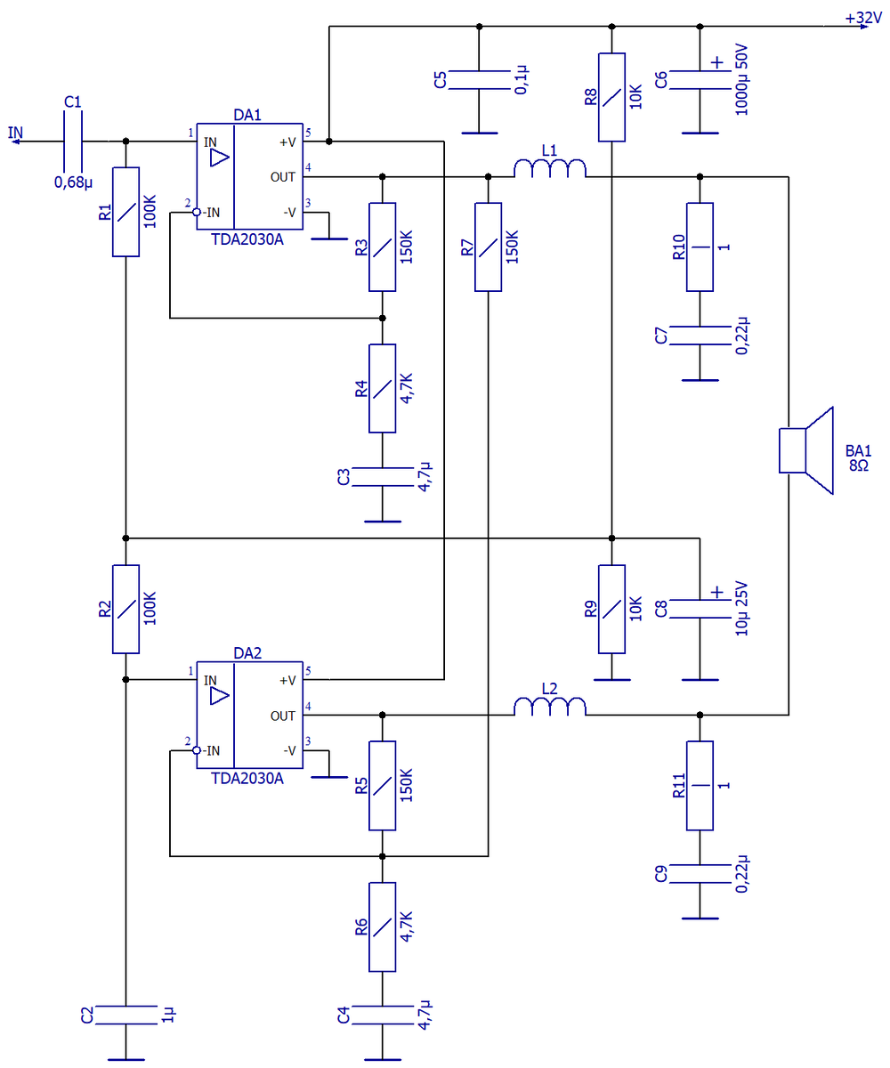 Схема электрическая принципиальная УНЧ 25Вт/8Ом на двух TDA2030 с однополярным питанием