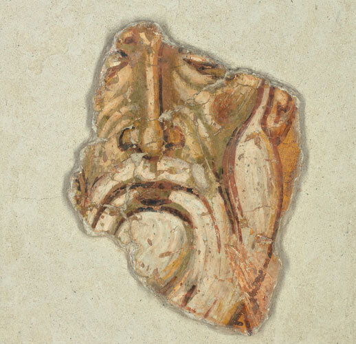 СВЯЩЕННОМУЧЕНИК ИПАТИЙ, ЕПИСКОП ГАНГРСКИЙ. Фрагмент стенописи церкви Спасо-Преображения на Нередице. 1199 год. Новгород. Живописная поверхность – 13,5 × 11,7 см. Основа – 24 × 19,5 × 4,5 см. Известковый грунт, темпера. Дар Г.Д. Костаки. Собрание Музея имени Андрея Рублева.