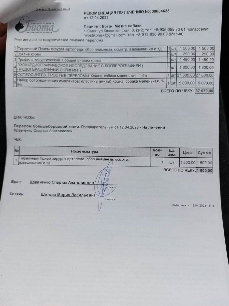 Предварительный расчет операции в клиники "Биота"