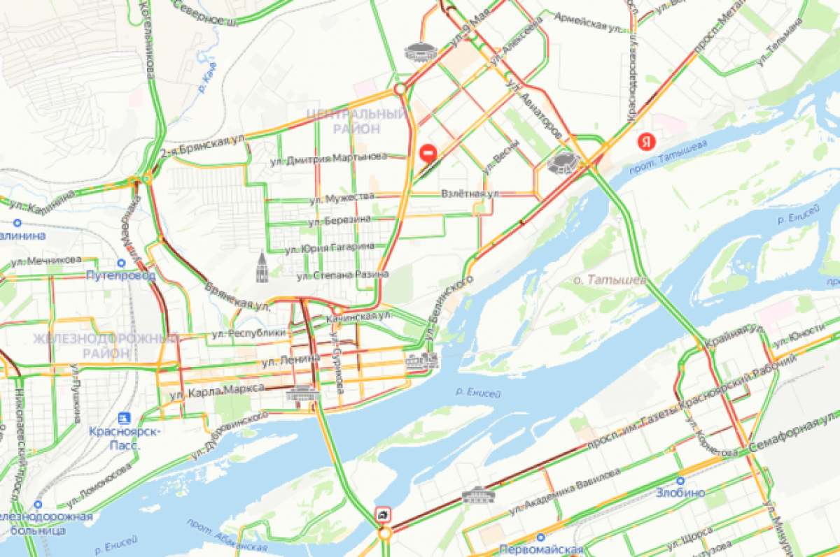    вечером 28 апреля Красноярск встал в 9-балльные пробки.