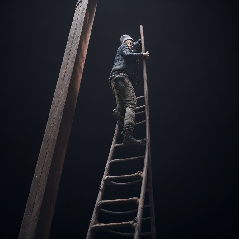 Bob стоит на лестнице, держащейся за одно ржавое перо. Видно, что он напряженно пытается дотянуться до верхней ступени, но не может.