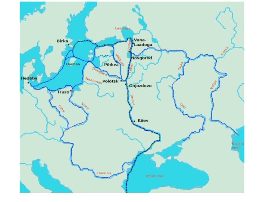 На фото: Путь «из варяг в греки». На карте изображена лишь часть этой торгово-транспортной системы