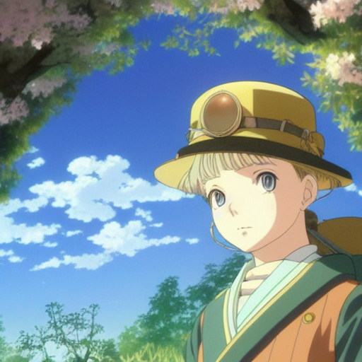 a peaceful village where fabulous creatures and people live in harmony with nature. Airships soar in the sky, and the main character, a young girl, meets friendly forest spirits. detail face, anime, By Hayao Miyazaki