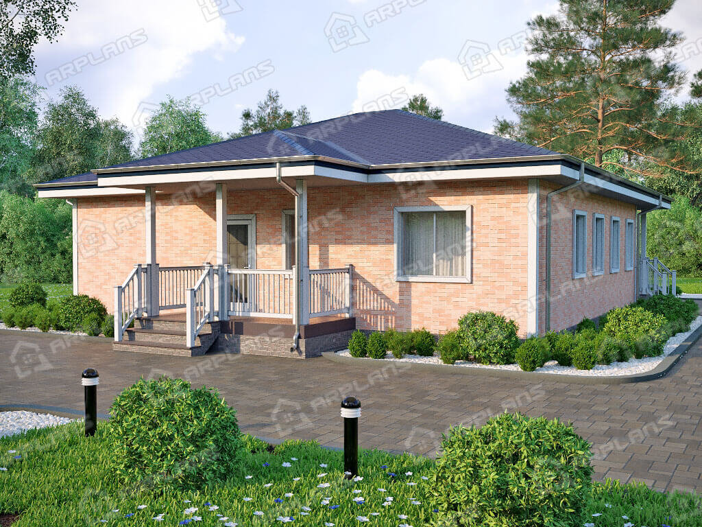 Фото 1 одноэтажного дома из газобетона с 3 спальнями и террасой. Общая площадь до 150(139) кв м. Источник arplans.ru Проект К-296 